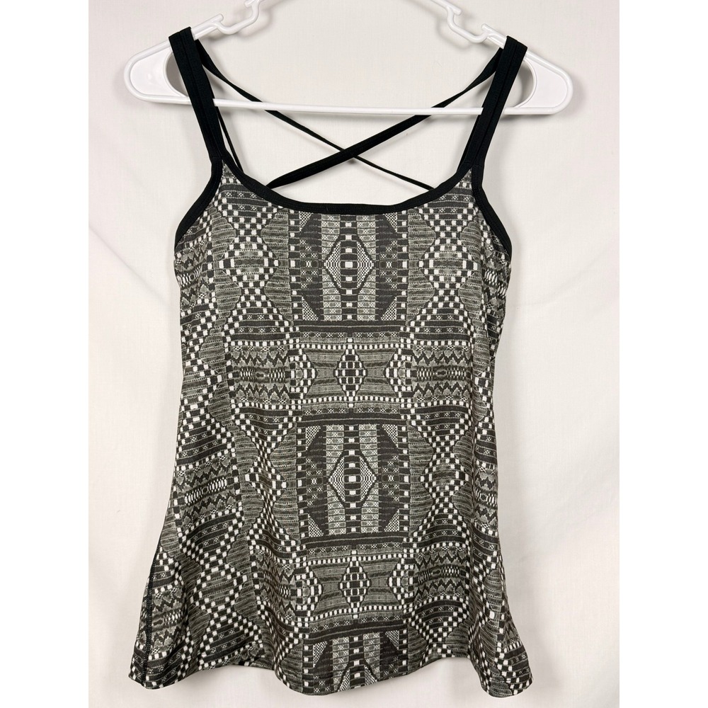 Prana Womens Built in Bra Tank Top Small Gray Geometric Strappy Activewear Yoga